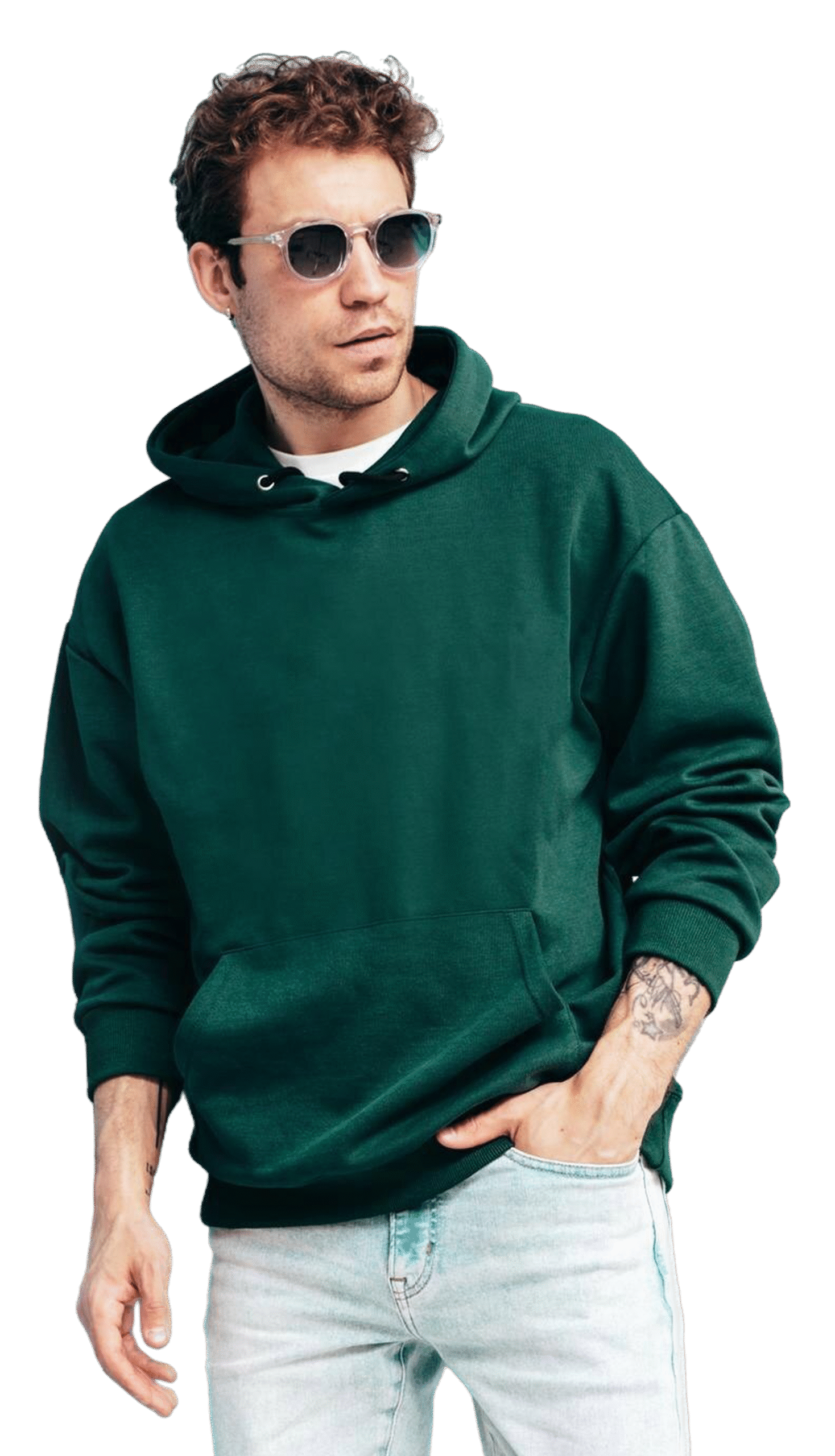 handsome-confident-hipster-modelsexy-unshaven-man-dressed-summer-stylish-green-hoodie-jeans-clothes-fashion-male-with-curly-hairstyle-posing-studio-isolated-blue 2