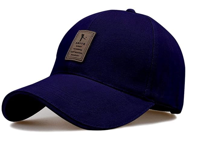 Classic Baseball Cap, Navy Blue Cotton, Adjustable Casual Sports Hat with Leather Patch