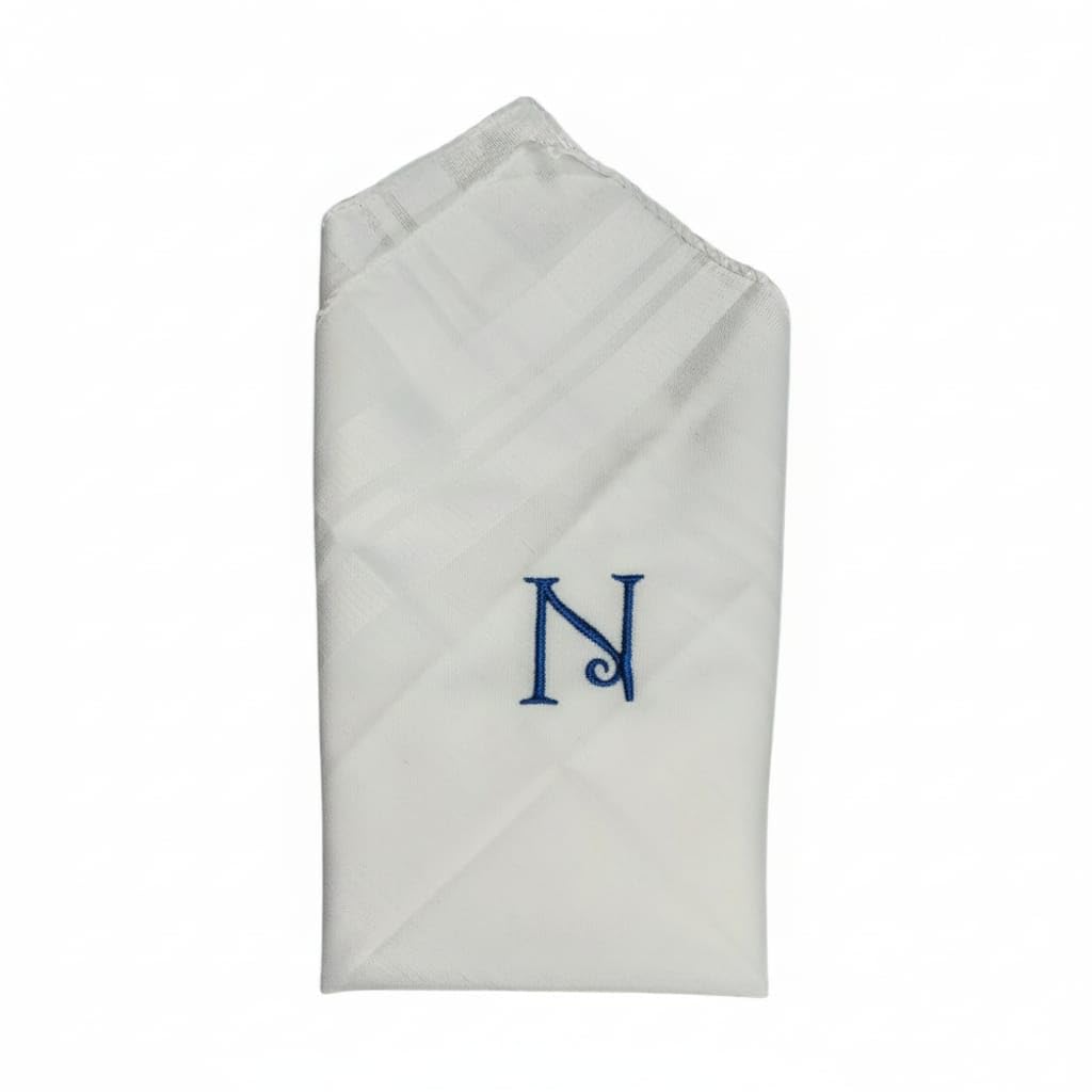 SAE FASHIONS White Cotton Handkerchief with Dark Blue Monogram Letter N, Embroidered Design (N)