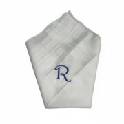 SAE FASHIONS White Cotton Handkerchief with Dark Blue Monogram Letter R, Embroidered Design (R)