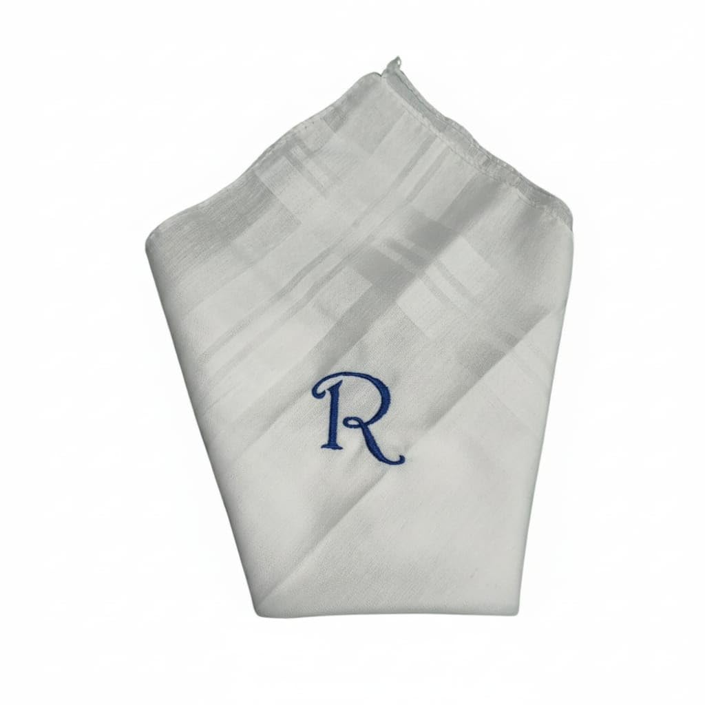 SAE FASHIONS White Cotton Handkerchief with Dark Blue Monogram Letter R, Embroidered Design (R)