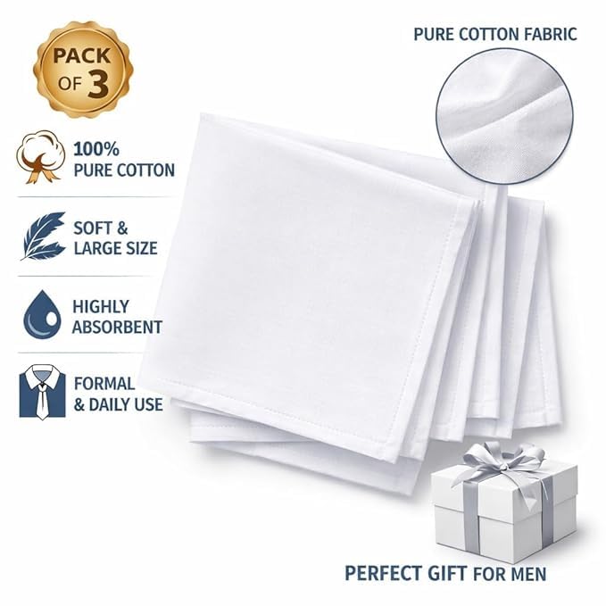 Cotton Men White Casual Style Handkerchief Hk01111_White_Free Size - Image 2