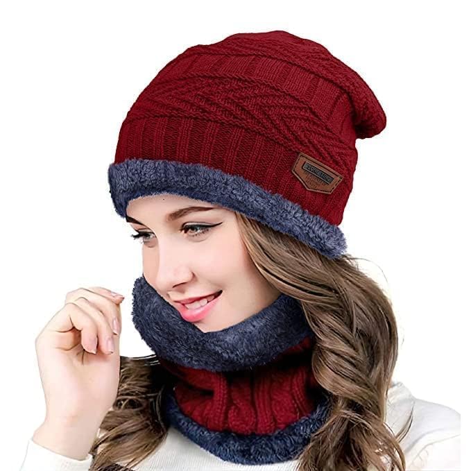 Woolen Winter Cap with Neck Warmer for Men & Women, Warm Knit Hats, Skull Cap Winter Head Wear Beanie Hats Scarf Set Stylish Soft Women's Berets for Boys & Girls (Red)