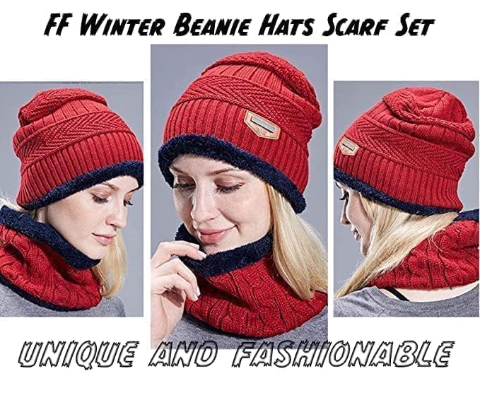 Woolen Winter Cap with Neck Warmer for Men & Women, Warm Knit Hats, Skull Cap Winter Head Wear Beanie Hats Scarf Set Stylish Soft Women's Berets for Boys & Girls (Red) - Image 2