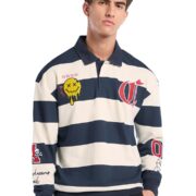 Bewakoof Men's Striped Oversized Fit Full Sleeve Polo Neck Terry Sweatshirt_682756_White_M