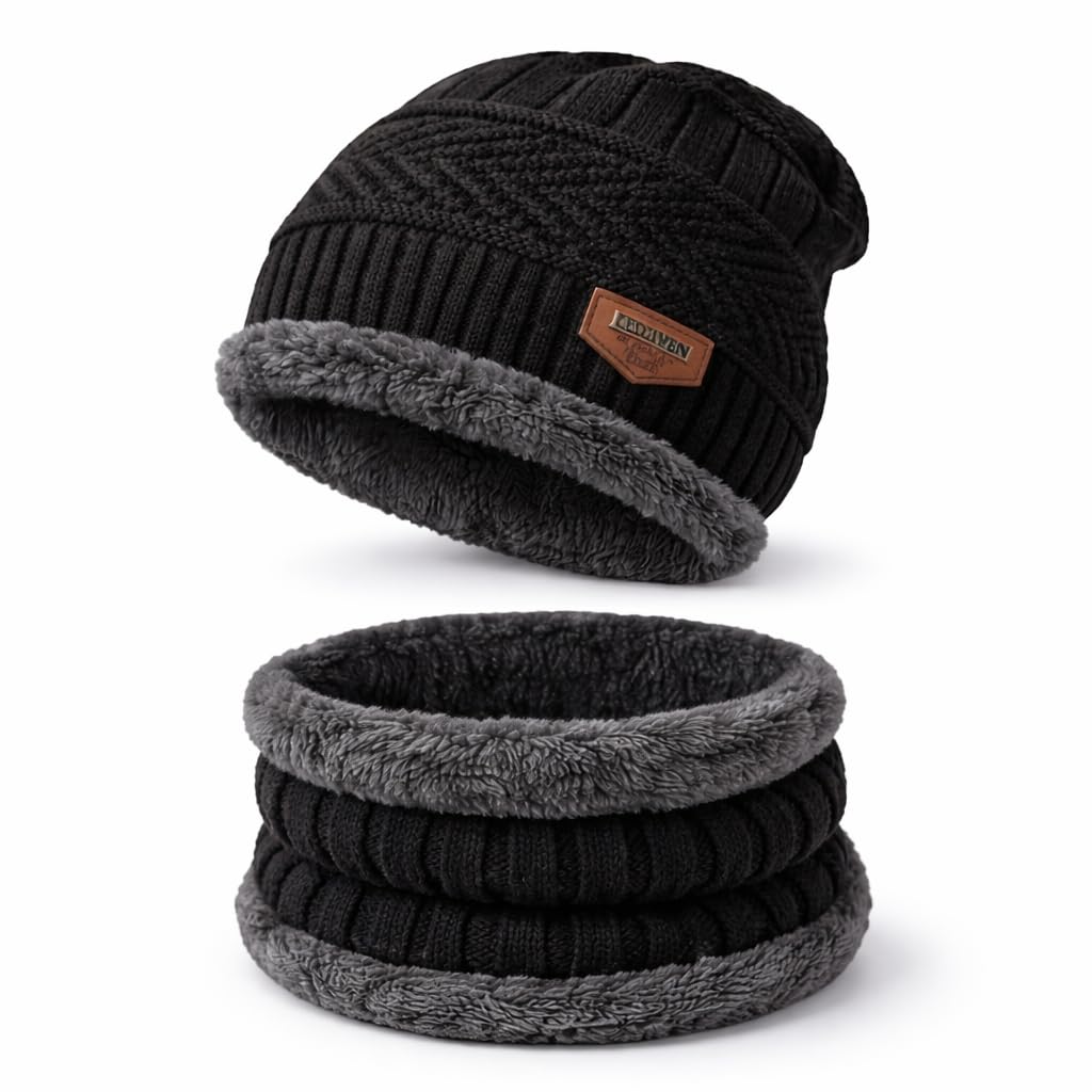Fitness Mantra® Gym Winter Cap & Muffler for Men & Women| Beanie Cap| 1 Set| (Black)