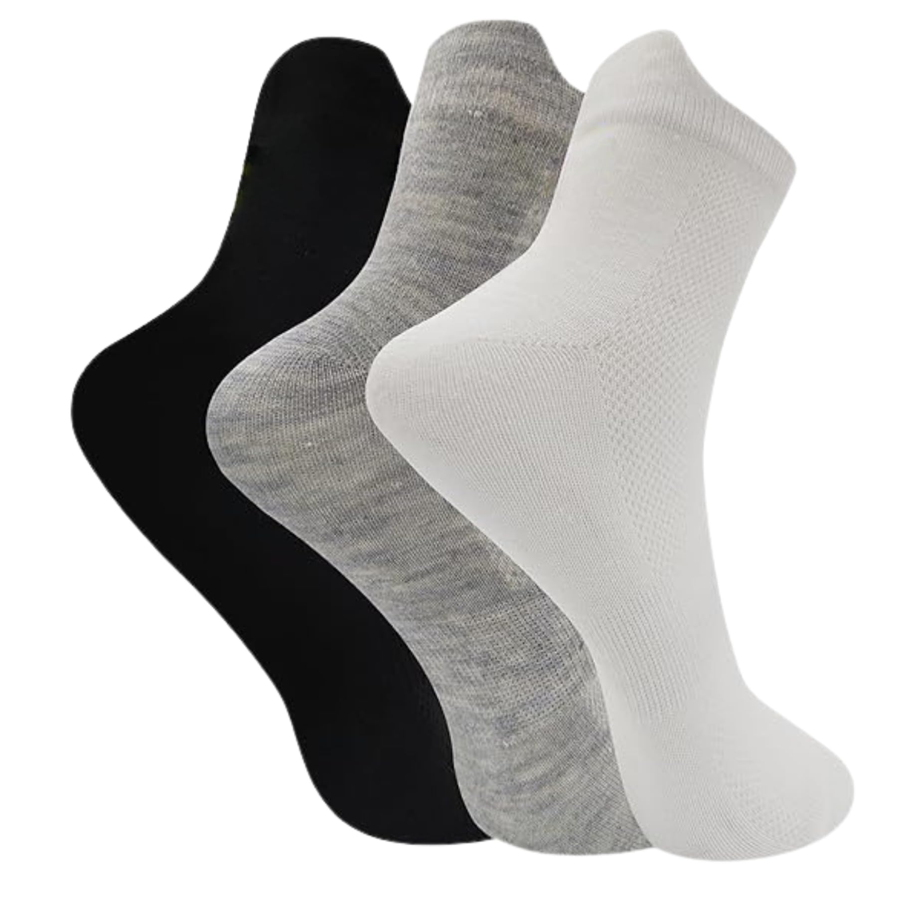 MACVOY RIO Ankle Socks for Men and Women Soft & Breathable Cotton Socks | Suitable for Gym, Walking, Cycling, Daily & Office Wear | Free Size |Pack of 3 - Black, White & Grey