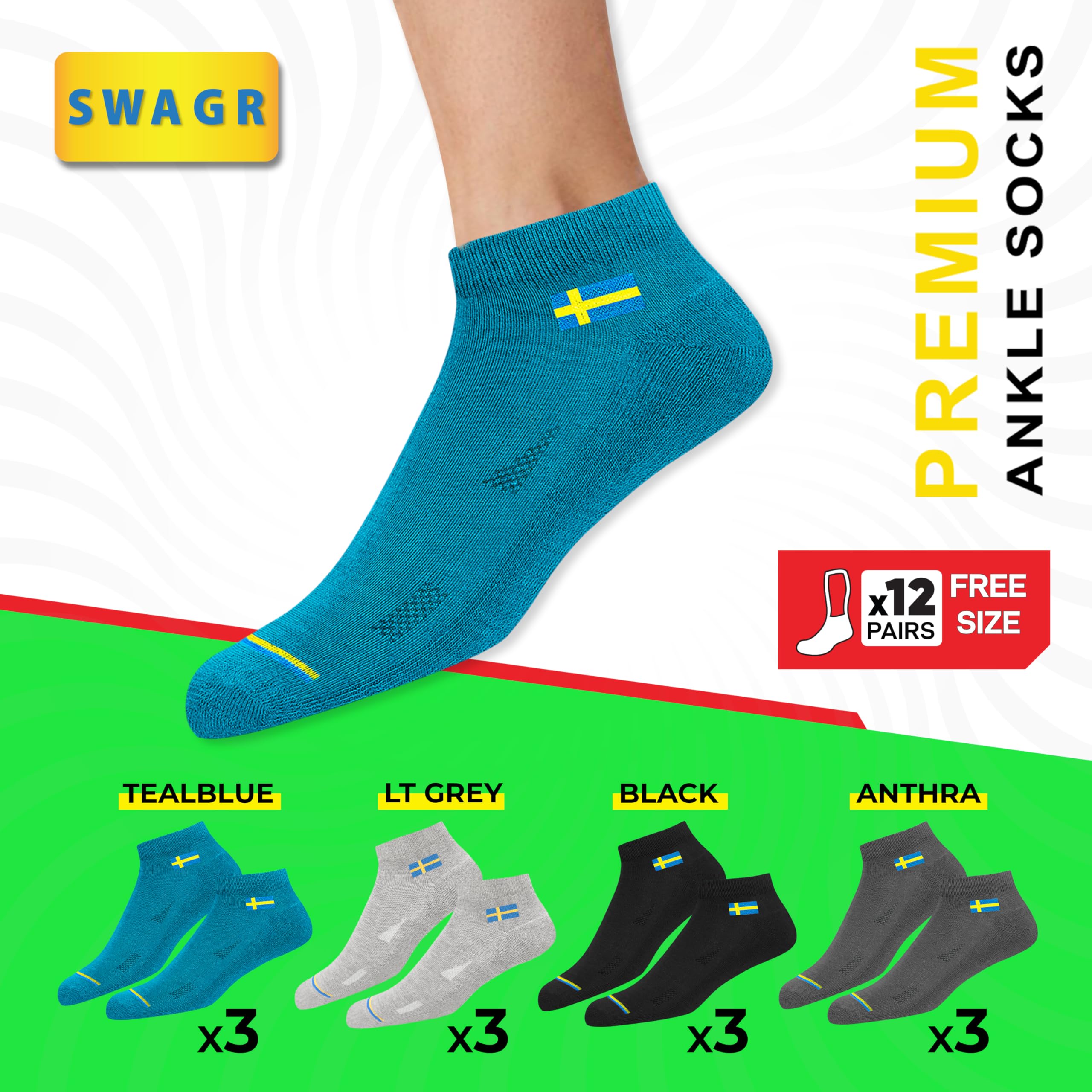 SWAGR 12 Pairs Solid Cotton Ankle Length Socks for Men Women, Pack of 12., Assorted - Image 5