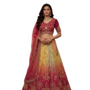 Embroidered Lehenga Choli Set, Yellow to Pink Ombre, Gold Embellishments, 3 Piece Set with Dupatta