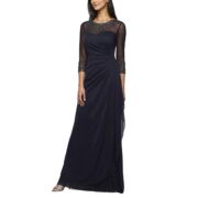 Women's a-Line Sweetheart Neck Dress with Beaded Illusion Neckline, Dark Navy, 14