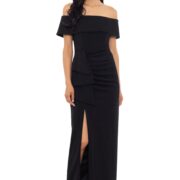 Women's Long Off The Shoulder Scuba Crepe Slit Dress (Reg and Petite), Black, 18