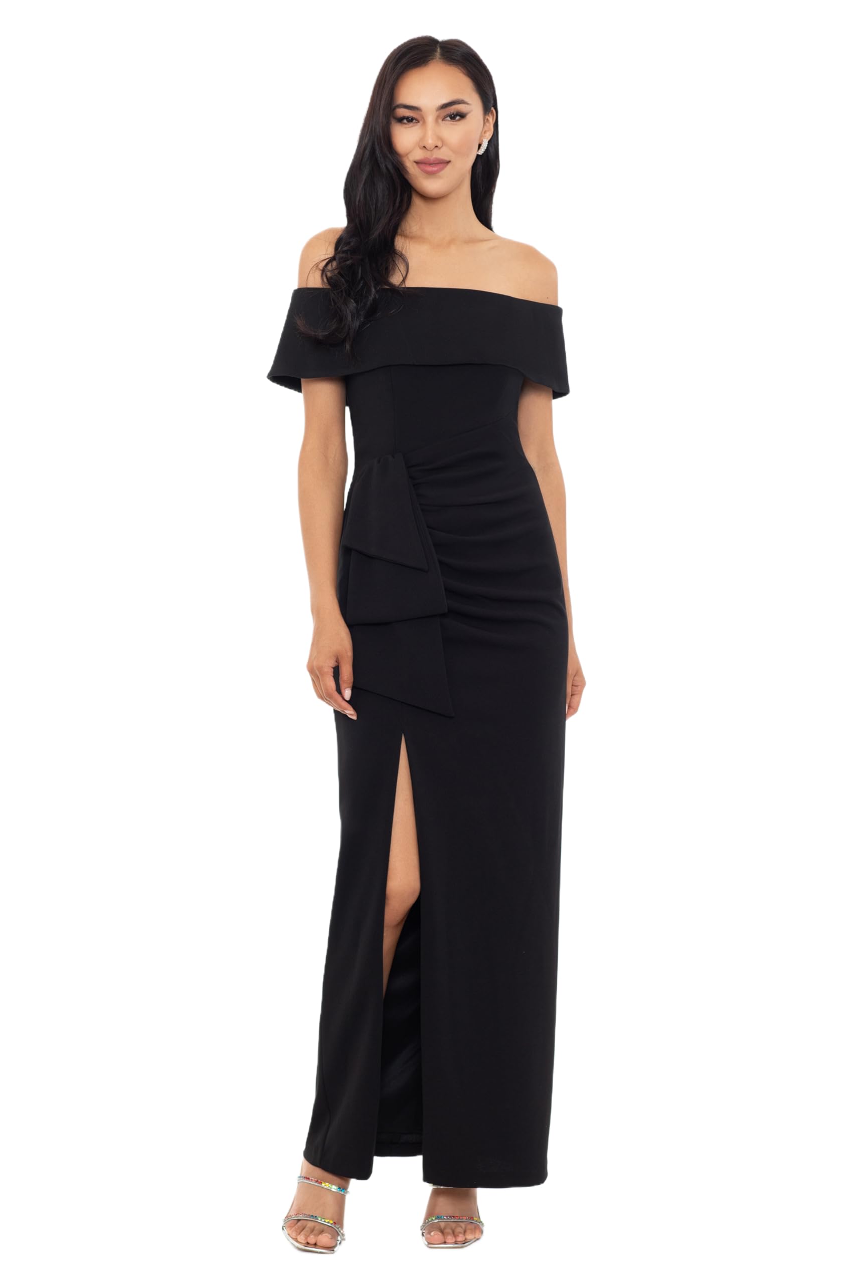 Women's Long Off The Shoulder Scuba Crepe Slit Dress (Reg and Petite), Black, 18