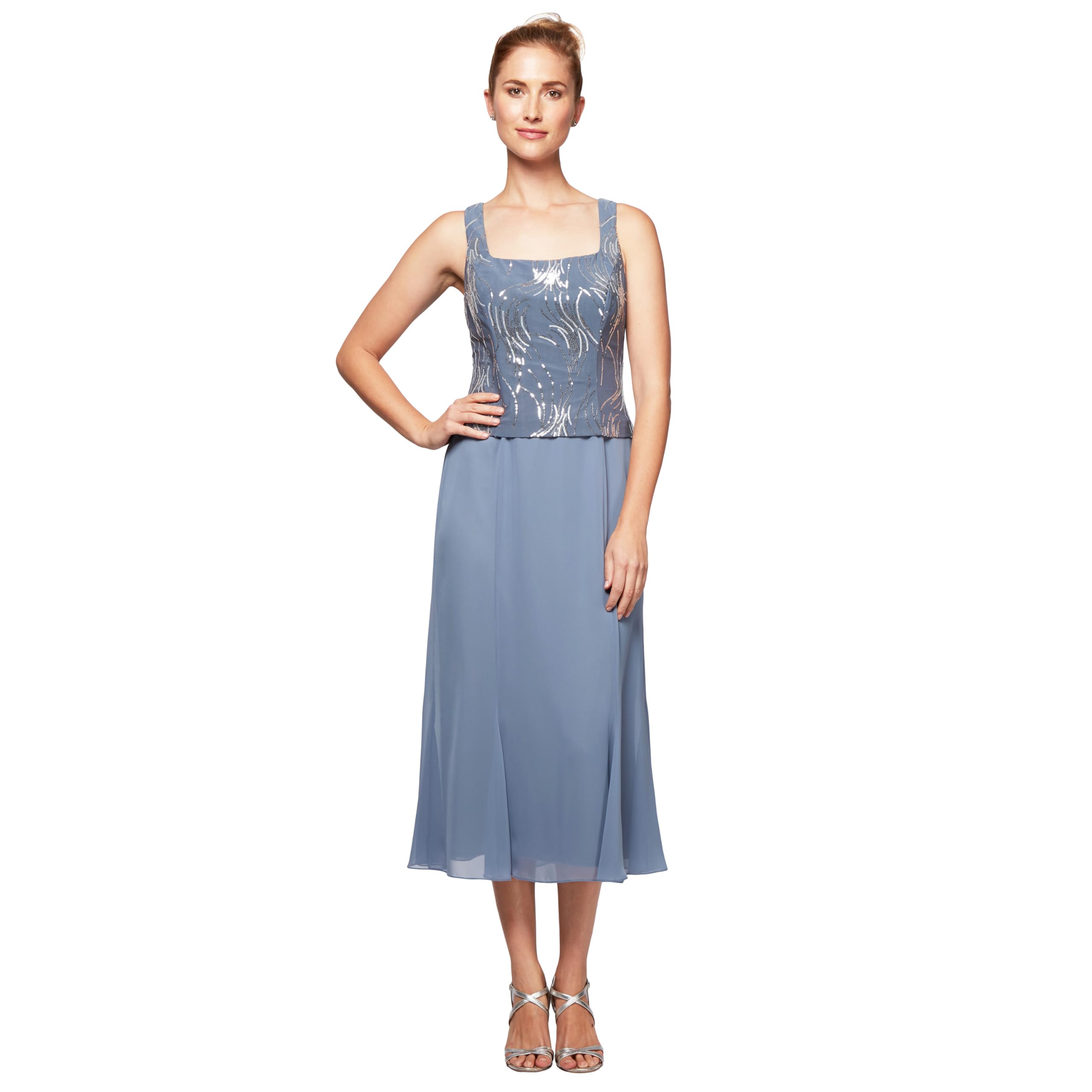 Women's Petite T-Length Mock Dress With Sequin Jacket, Steel Blue, 14P - Image 2