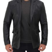 Black Car Coat Men - Leather Single Breasted Blazer For Men | [1502684] Brandon Black