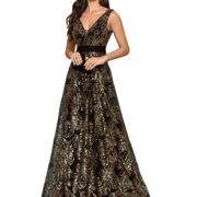 Sleeveless Glitter Sequined Womens Long Formal Gown Aline Prom Dress for Anchorwoman Floor Length Evening Dress, Black Gold, Medium