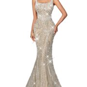 Women Square Neck Sequin Beaded Formal Evening Dress Spaghetti Strap Bodycon Prom Party Cocktail Maxi Dress, #1 Beige, XS