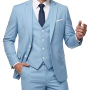 Men's 3 Piece Suit Notch Lapel 2 Button Blazer Slim Fit Dress Business Wedding Party Jacket Vest Pants & Tie Set Sky