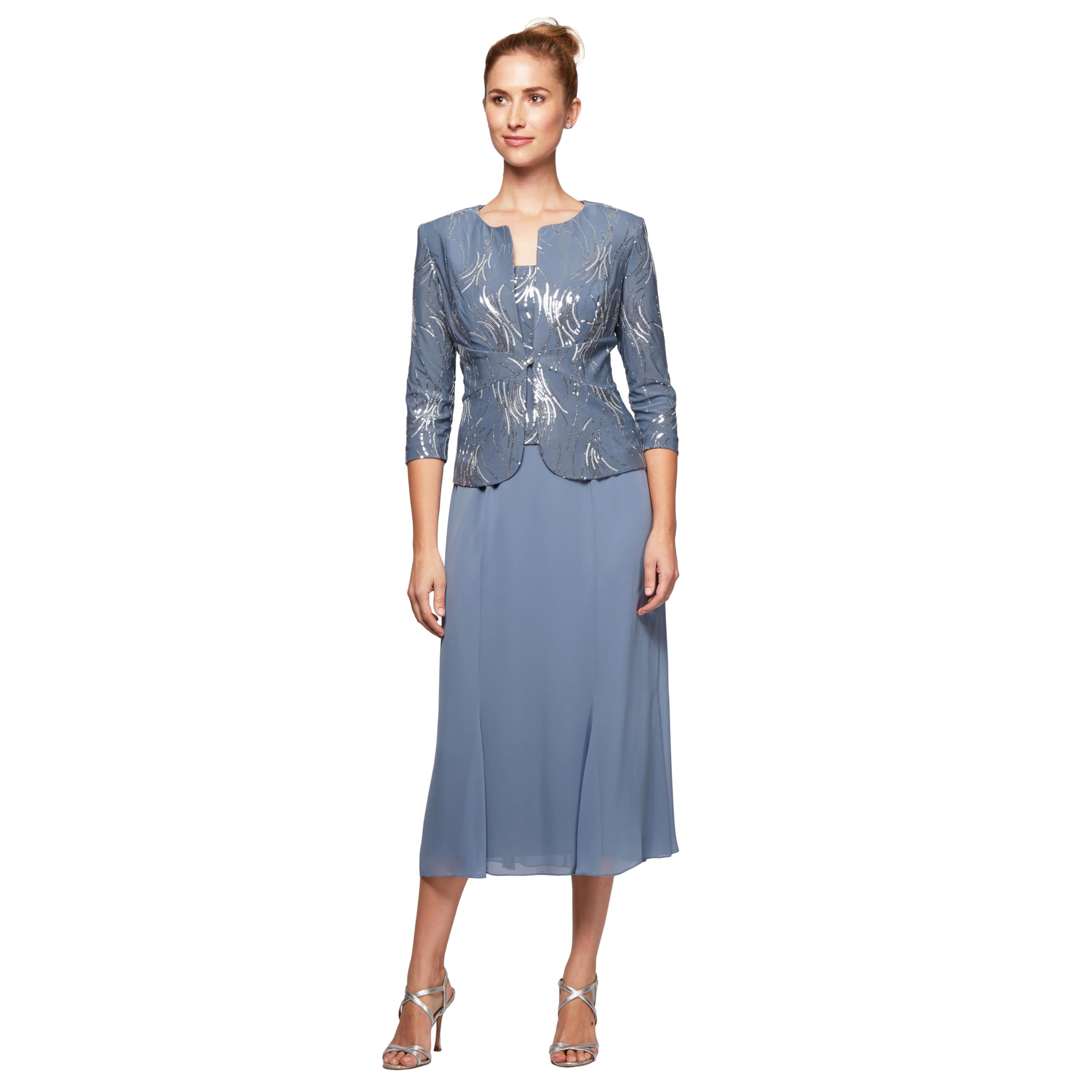Women's Petite T-Length Mock Dress With Sequin Jacket, Steel Blue, 14P