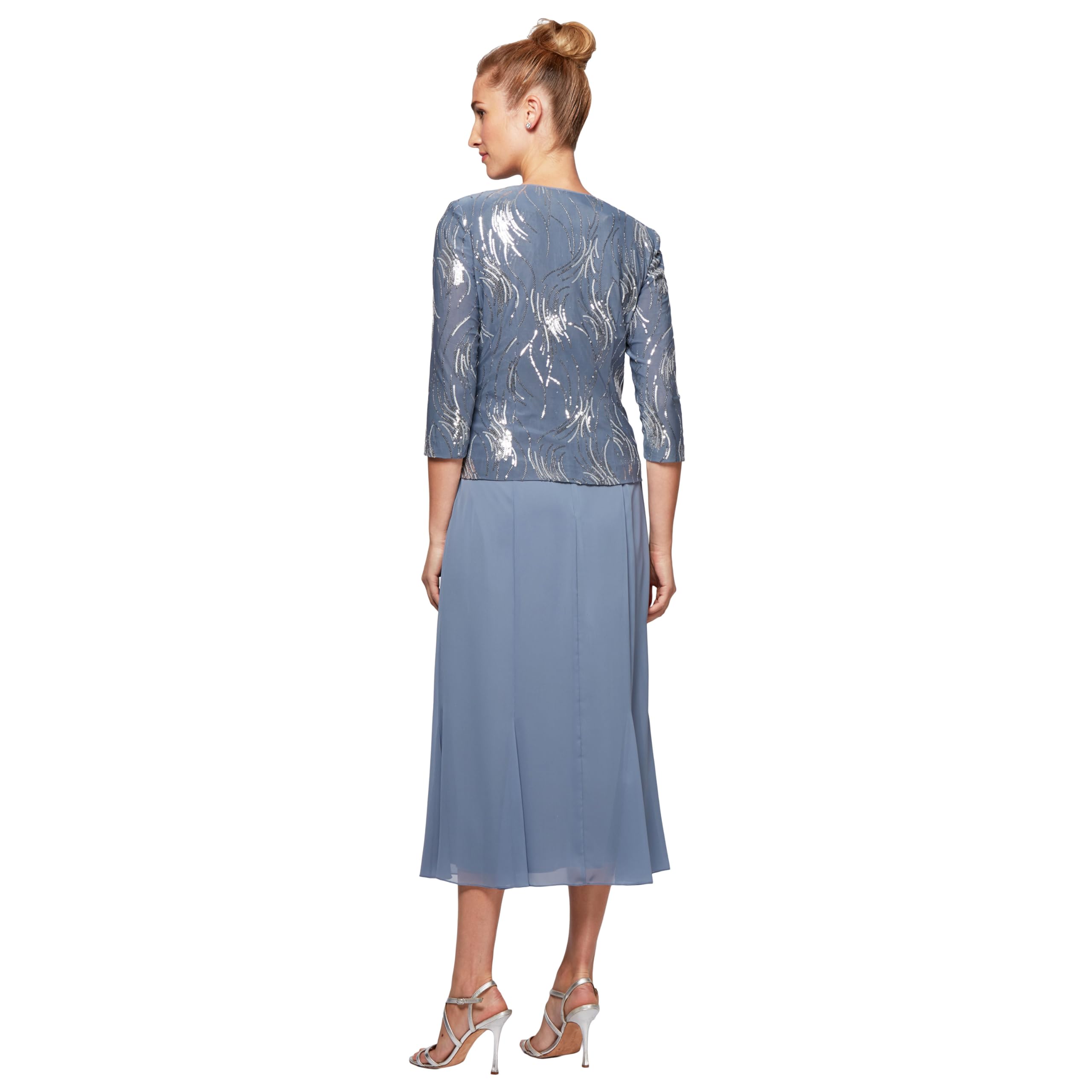 Women's Petite T-Length Mock Dress With Sequin Jacket, Steel Blue, 14P - Image 3