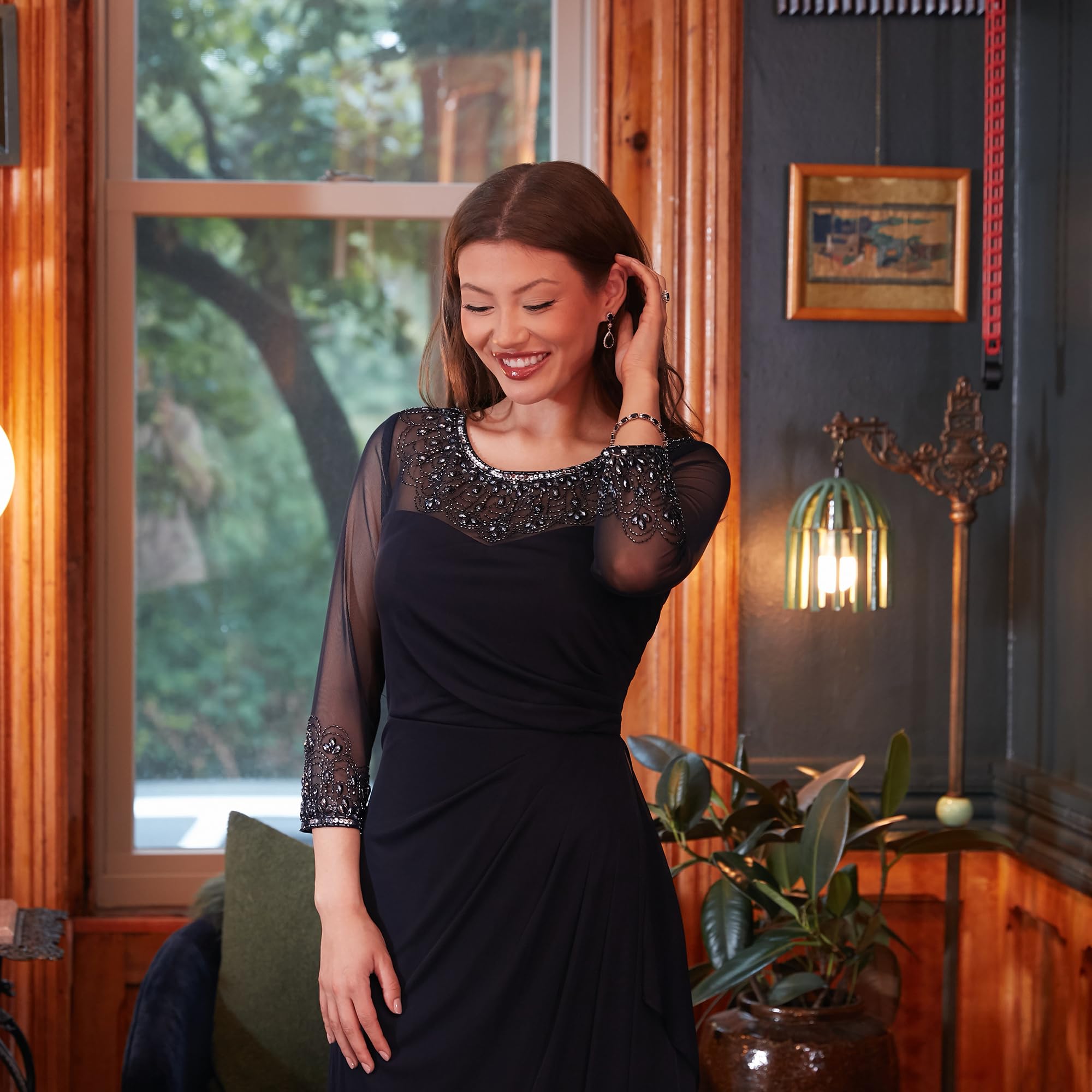 Women's a-Line Sweetheart Neck Dress with Beaded Illusion Neckline, Dark Navy, 14 - Image 5
