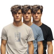 BULLMER Trendy Printed Cotton Blend Crew Neck/Round Neck Half Sleeve Regular Fit, Shirt Tshirt For Men - Pack Of 3_Beige / Bluish Grey / Black_X-Large
