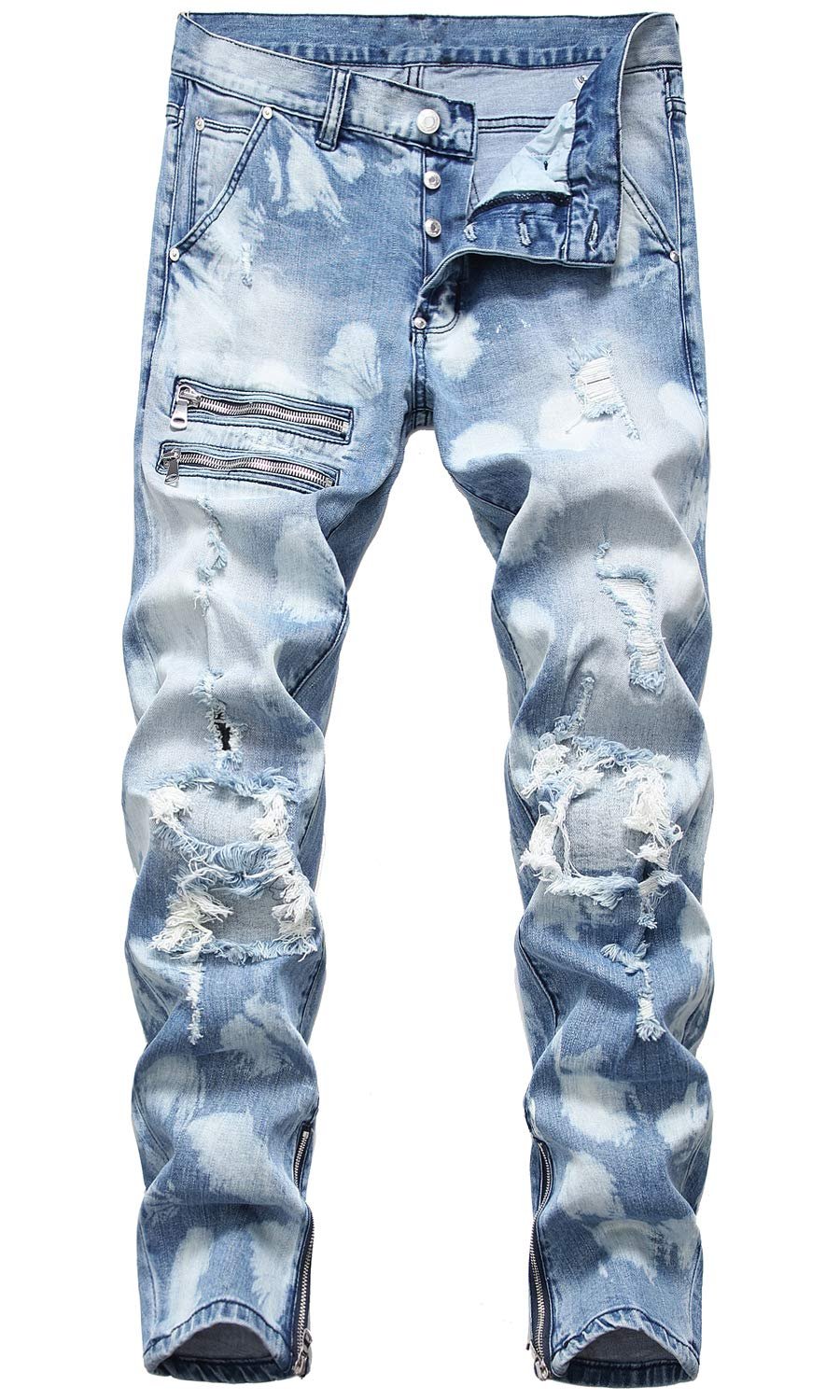 HENGAO Mens Ripped Jeans Stretch Skinny Jeans with Zipper Size 28-48, 1161 Light Blue, 44