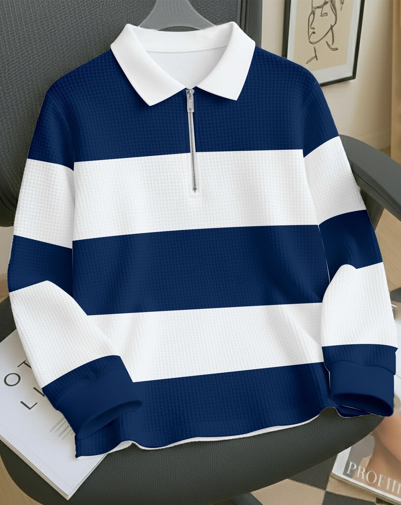 Enitor Mens Stylish Half Zip Tshirt, Texture Striped Casual T-Shirt for Men, Formal Collared Neck Full Sleeves T-Shirt for Boys - Image 3