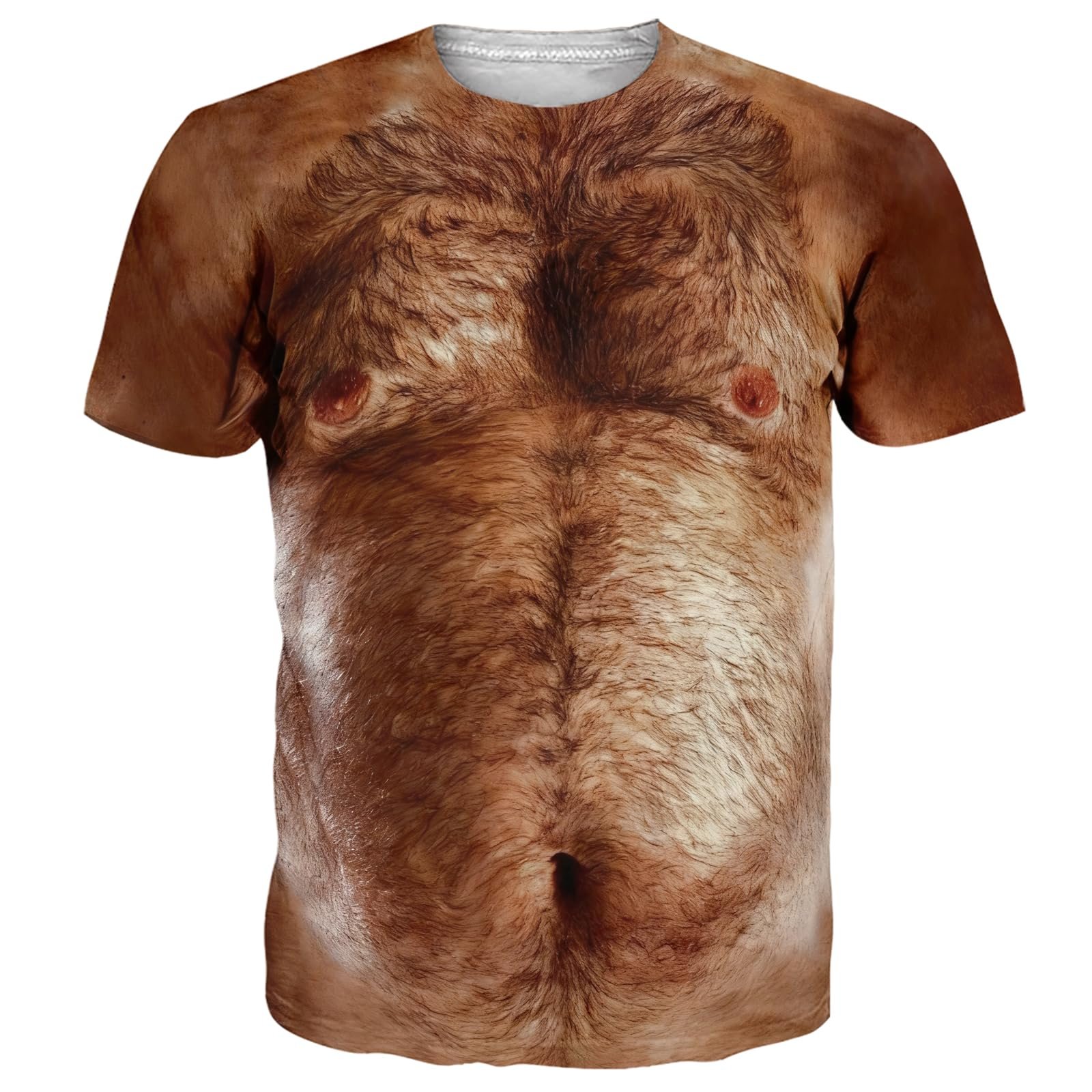 Fanient Mens Funny T-Shirt, 3D Hairy Chest Print, Novelty Crewneck Tee, Brown, XX-Large