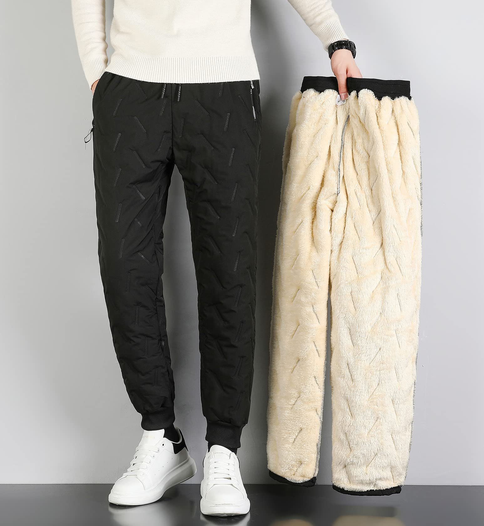 Nopuper Mens Winter Warm Sweatpants Fleece Sherpa Lined Track Pants Active Thermal Joggers with Zipper Pockets, Black - Open Bottom, Large - Image 2