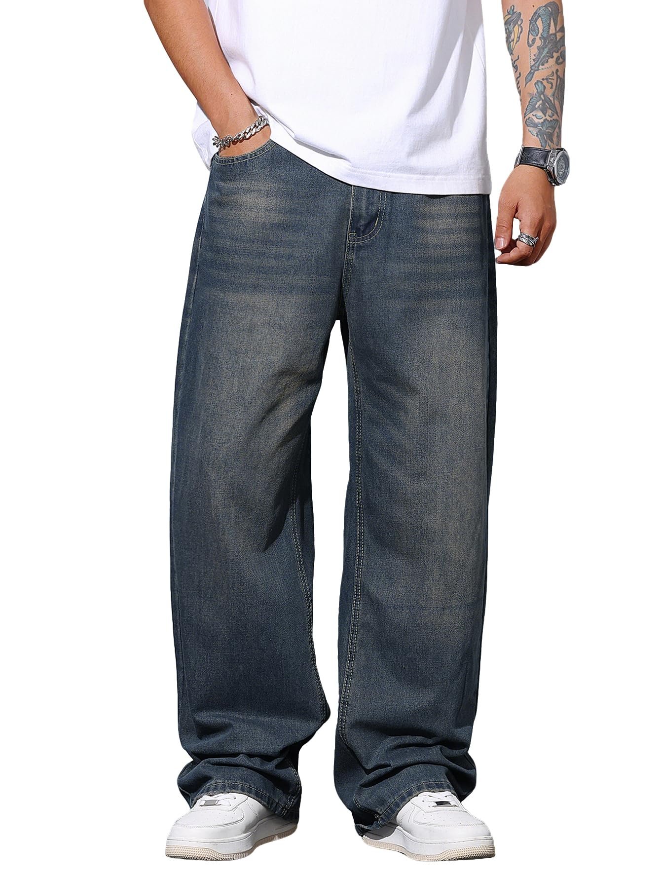 DFGIGT Mens Wide Leg Baggy Jeans Y2k Casual Loose Denim Pants Streetwear, D14 Haze Blue, X-Small