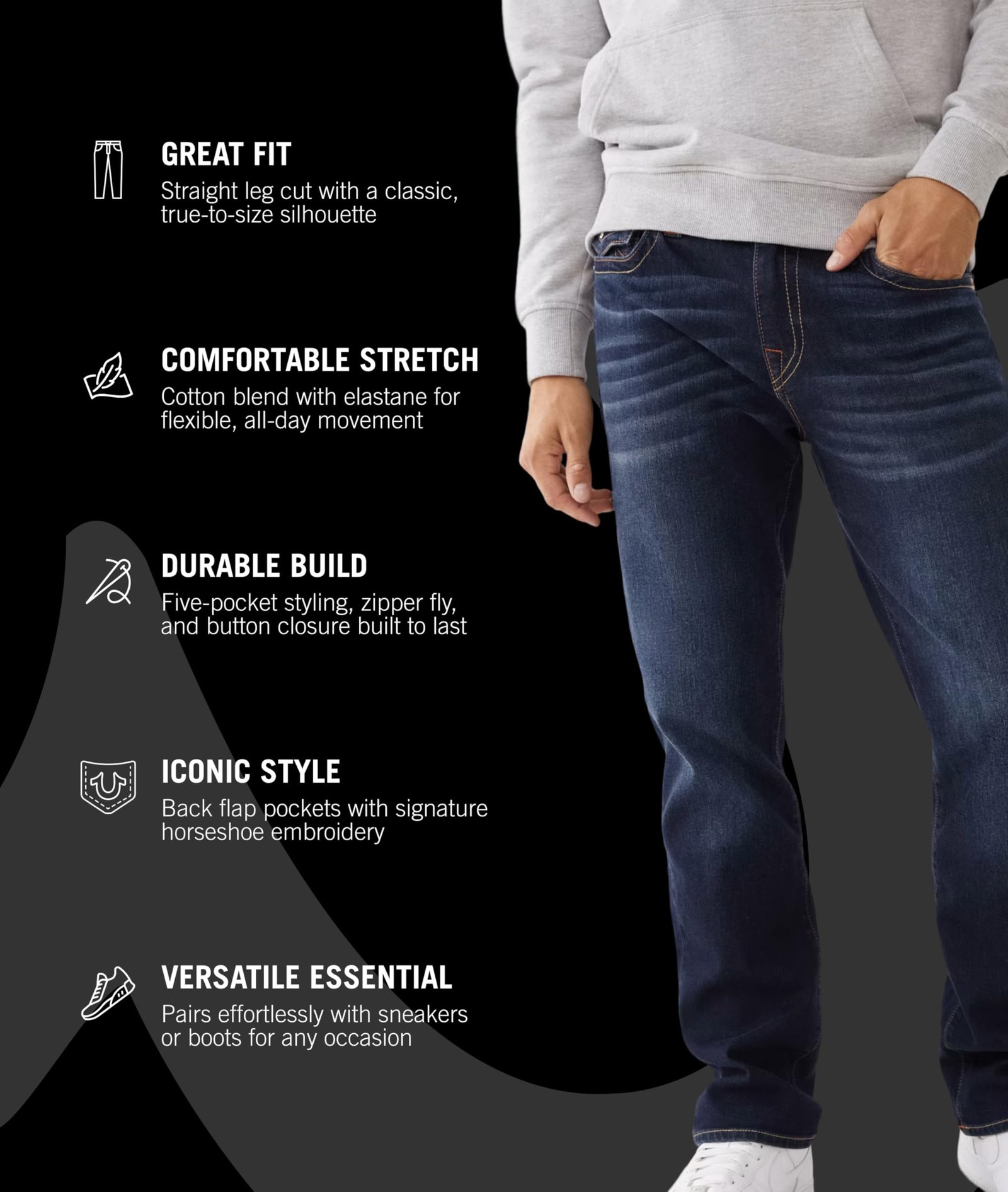 True Religion Men's Ricky Single Needle Straight Leg Denim Jeans for Men, Dark Wash Muddy Waters, 46 - Image 2