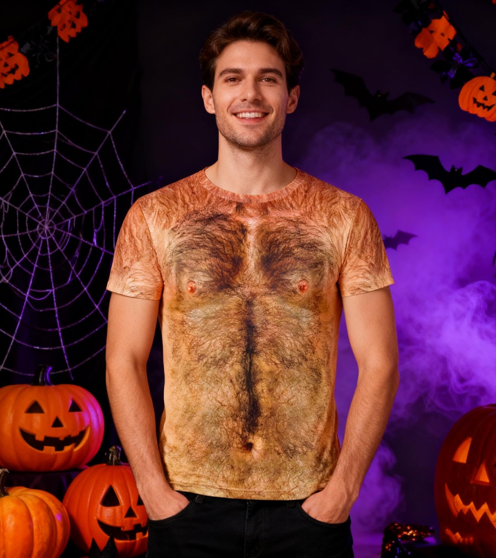 Fanient Mens Funny T-Shirt, 3D Hairy Chest Print, Novelty Crewneck Tee, Brown, XX-Large - Image 6